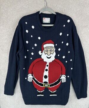 Mens Christmas Sweater 3D Santa Fat Stomach size Large Holiday Party